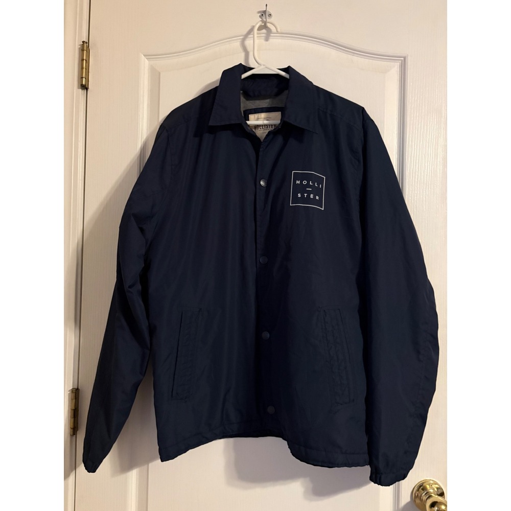 Hollister Coach Jacket Mens L Navy Blue Excellent Snap Front Jersey Lined Logo